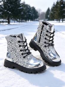 1 Pasang Sepatu Bot Pertunjukan Berpayet Perak, Bahan Patchwork PU Mengkilap Seperti Cermin, Sol Lembut Elastis Ujung Bulat dengan Desain Resleting Dalam, Sepatu Bot Kulit Gaya Putri yang Glamor, Cocok untuk Pemakaian Sehari-hari, Festival dan Pertunjukan, Koleksi Baru Musim Gugur/Dingin - Perak - View 9