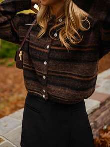 Women's Vintage Striped Knit Cardigan Sweater Jacket, Winter - Brown - View 6