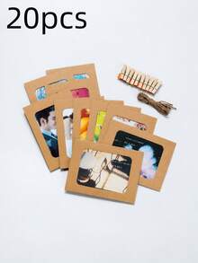20/10/1pc Vintage Kraft Paper Photo Frame With Clips And Jute Rope, For Banner Home Decor, Suitable For Wedding, Anniversary, Birthday, Holiday Party, Clip-On Photo Display Rack, Multi-Functional Hanging Photo Banner, For Home And Office Decoration - Picture Frame - View 8