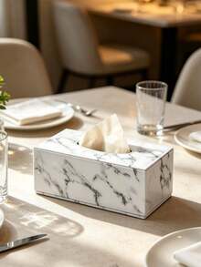White Marble Pattern Tissue Box Holder, PU Leather With White Stitching, Bathroom Storage, Bathroom Decor, Autumn Decor, Back To School, New Home, Living Room, Kitchen, Napkin Holder - White Marble - View 1