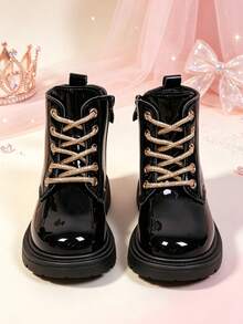 1 Pasang Sepatu Bot Pendek Anak Perempuan Motif Hati Mengkilap, Ujung Bulat, Sol Lembut, Desain Resleting Dalam untuk Menambah Tinggi Badan, Sepatu Bot Putri yang Modis dan Imut, Cocok untuk Pemakaian Sehari-hari, Liburan, Sekolah, Gaya Baru Musim Gugur/Dingin - Hitam - View 2