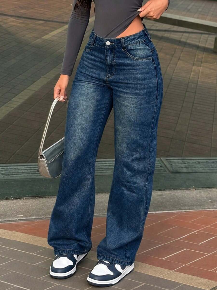 Women's Vintage Loose Boyfriend Straight Leg Jeans Casual Fall - Navy Blue - View 1