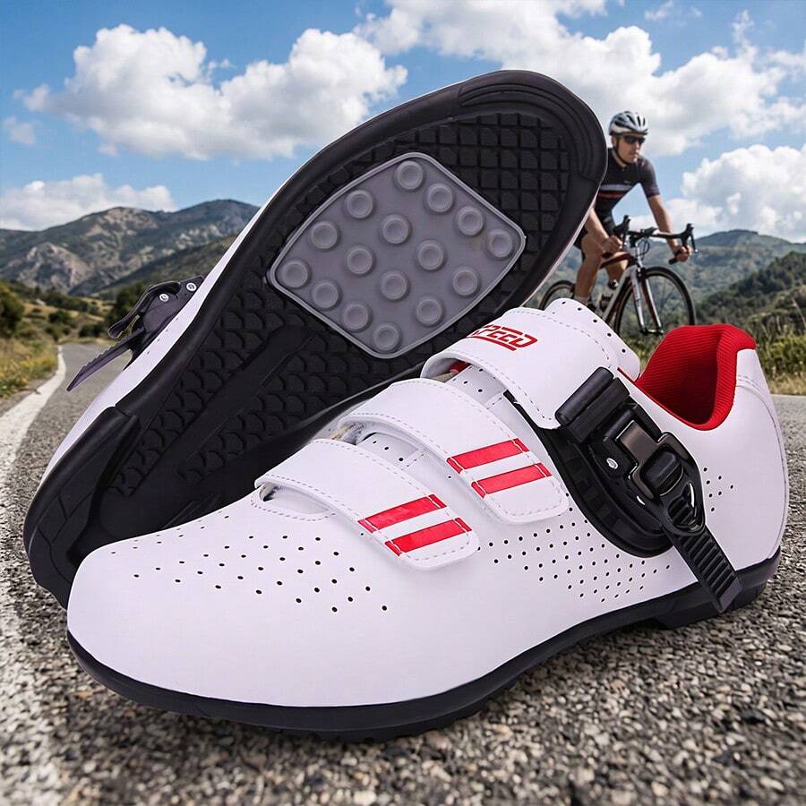 Professional Road Cycling Shoes For Men, Cycling Shoes, Road Cycling Speed Sports Shoes, Bicycle Sports Shoes - White and Red - View 1