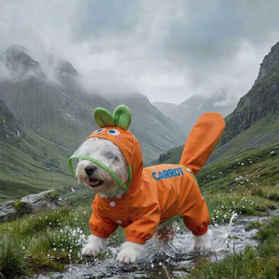 Orange Carrot Style Waterproof Dog Raincoat Set, Includes 1pc Raincoat And Waterproof Leash, Multiple Colors Available, Windproof And Fully Waterproof, Full Coverage Design, With Special Fasteners, Non-Slip Rubber Sole, Adjustable Hook And Loop, Full Paw Coverage And Reflective Strips