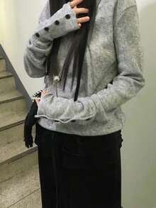 Women's Autumn V-Neck Casual Loose Pullover Top With Button Cuffs - Grey - View 6