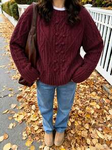 SUNSTORY Women's Autumn Burgundy Cable Knit Sweater, Round Neck 3D Pom-Pom Loose Pullover Top, Casual Basic Style, Suitable For Outings, Graduation Ceremonies, Concerts, Daily Commute - Burgundy - View 1