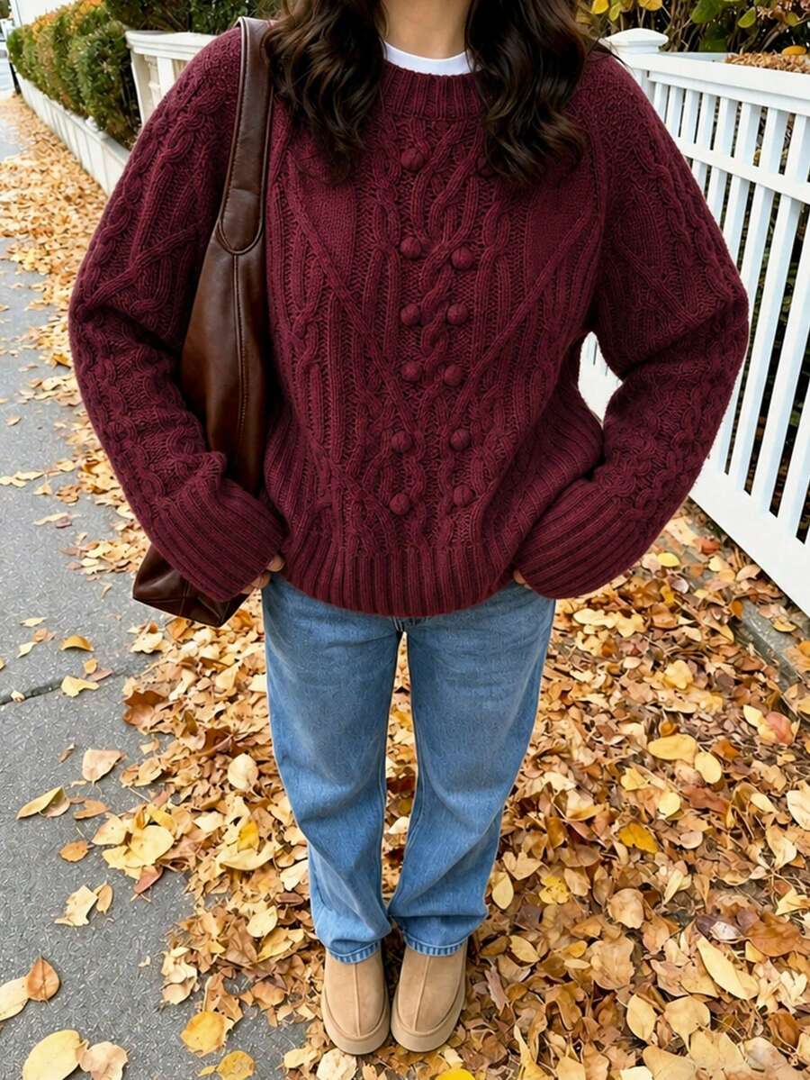SUNSTORY Women's Autumn Burgundy Cable Knit Sweater, Round Neck 3D Pom-Pom Loose Pullover Top, Casual Basic Style, Suitable For Outings, Graduation Ceremonies, Concerts, Daily Commute - Burgundy - View 1