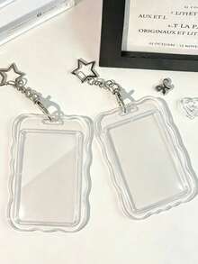 Transparent Wave-Edge Card Holder With Pearl Chain Star Clasp, Y2k Style Transparent Hard-Shell Protective Case,Suitable Hold Id Cards, Bank Cards - Multicolor - View 3