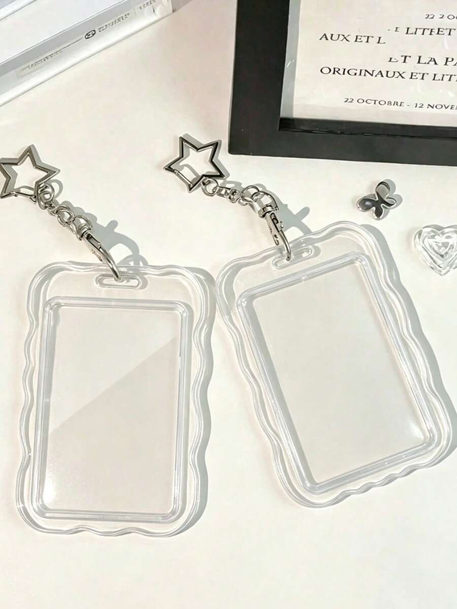 Transparent Wave-Edge Card Holder With Pearl Chain Star Clasp, Y2k Style Transparent Hard-Shell Protective Case,Suitable Hold Id Cards, Bank Cards - Multicolor - View 1