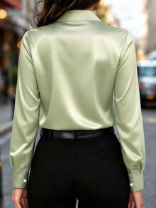 Women's New Arrival Satin Button-Down Shirt, Fashionable, Versatile, Suitable For All Seasons Spring - Oil Green - View 3