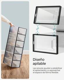 SONGMICS Cajas de Zapatos Plástico, Juego de 18 Organizadores de Almacenamiento, Caja Zapatero Plástico Plegable y Apilable para Zapatillas hasta talla 44, Transparente y Negro LSP18SBKV1 - Ver 4
