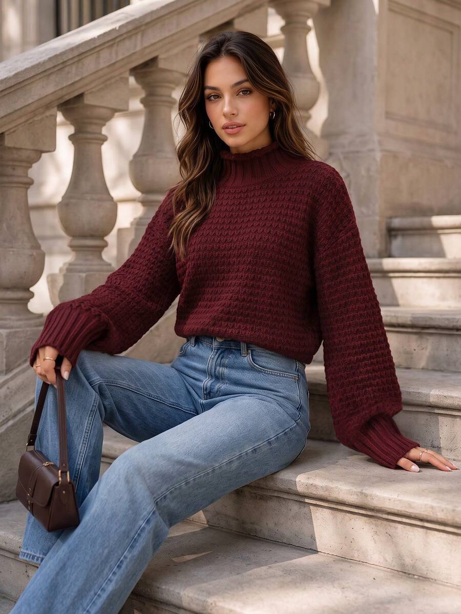 Women Autumn Mock Neck Ruffle Knit Sweater Long Sleeve Red Loose Pullover Knit Tops Fashion Daily Holiday Outfits Fall Clothes - Red - View 1