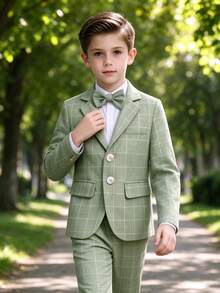 3pcs Young Boy Plaid Suit Set: Blazer, Pants, Bowknot . Suitable For Party, Wedding, School Performance, Autumn - Green - View 2