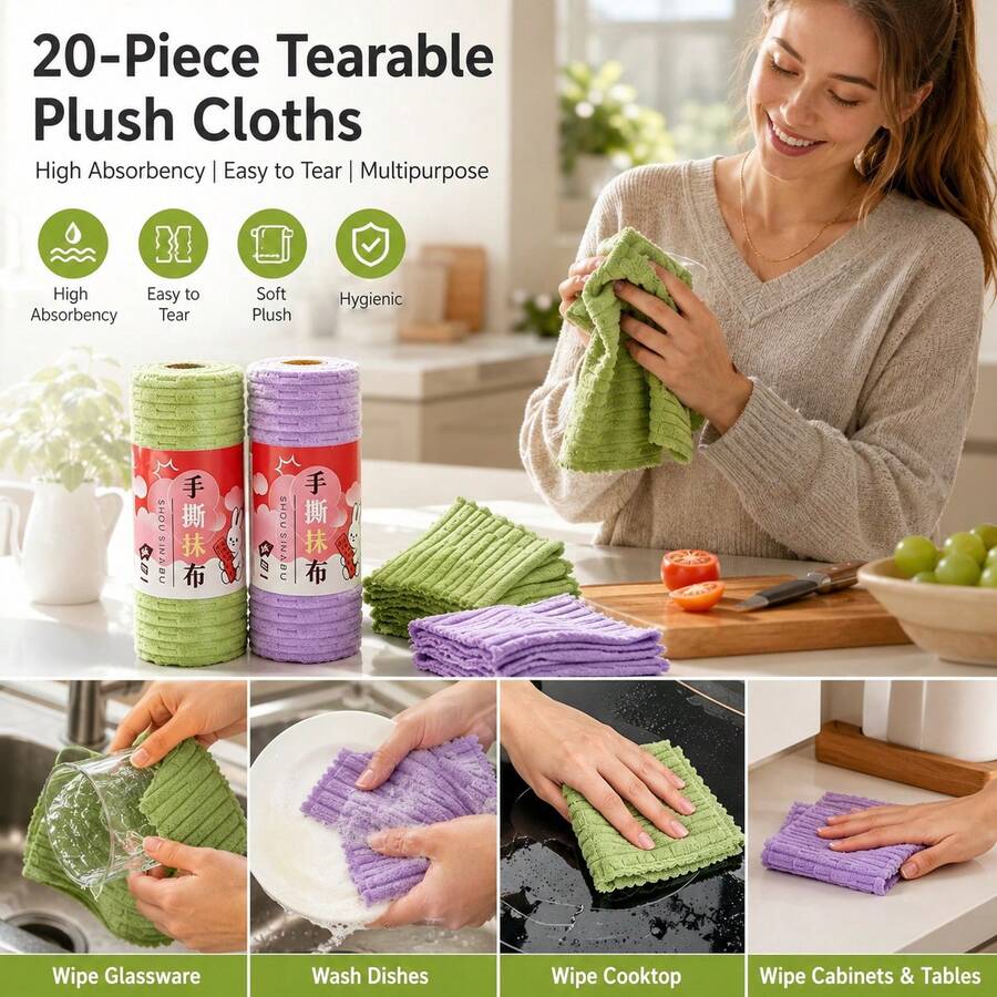 1pc Tearable Plush Cloth, High Absorbency, Easy To Tear Into Individual Pieces, Christmas, Halloween, For Cleaning Glassware, Stoves, Cabinets And Tableware, Daily Kitchen Supplies, Home. Autumn Home Decor, Cleaning, Camping, Bathroom, Dorm, Travel. - A - View 1
