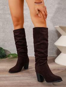 WTKMRSSTEP Vintage Ruched Stacked Boots Women's Chunky Heel High Heel Minimalist Versatile High Shaft Riding Boots - Brown - View 4