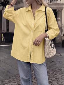 Vellofy Women's Autumn/Winter Brown 100% Pure Cotton Button Shirt Collar Long Sleeve Loose Fit Blouse With Pockets, Suitable For Home Leisure, Daily Dating And Gatherings - Yellow - View 2