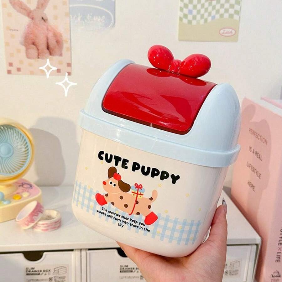 Thùng rác mini để bàn in hình động vật hoạt hình dễ thương với nắp lật đính nơ, thùng rác nhỏ dễ tháo rời dễ vệ sinh, thiết kế cún và mèo, hộp đựng rác để bàn cho văn phòng, ký túc xá, phòng ngủ, trang trí nhà cửa, phụ kiện sắp xếp đáng yêu, lựa chọn quà tặng tuyệt vời - Nhiều màu - Xem 1