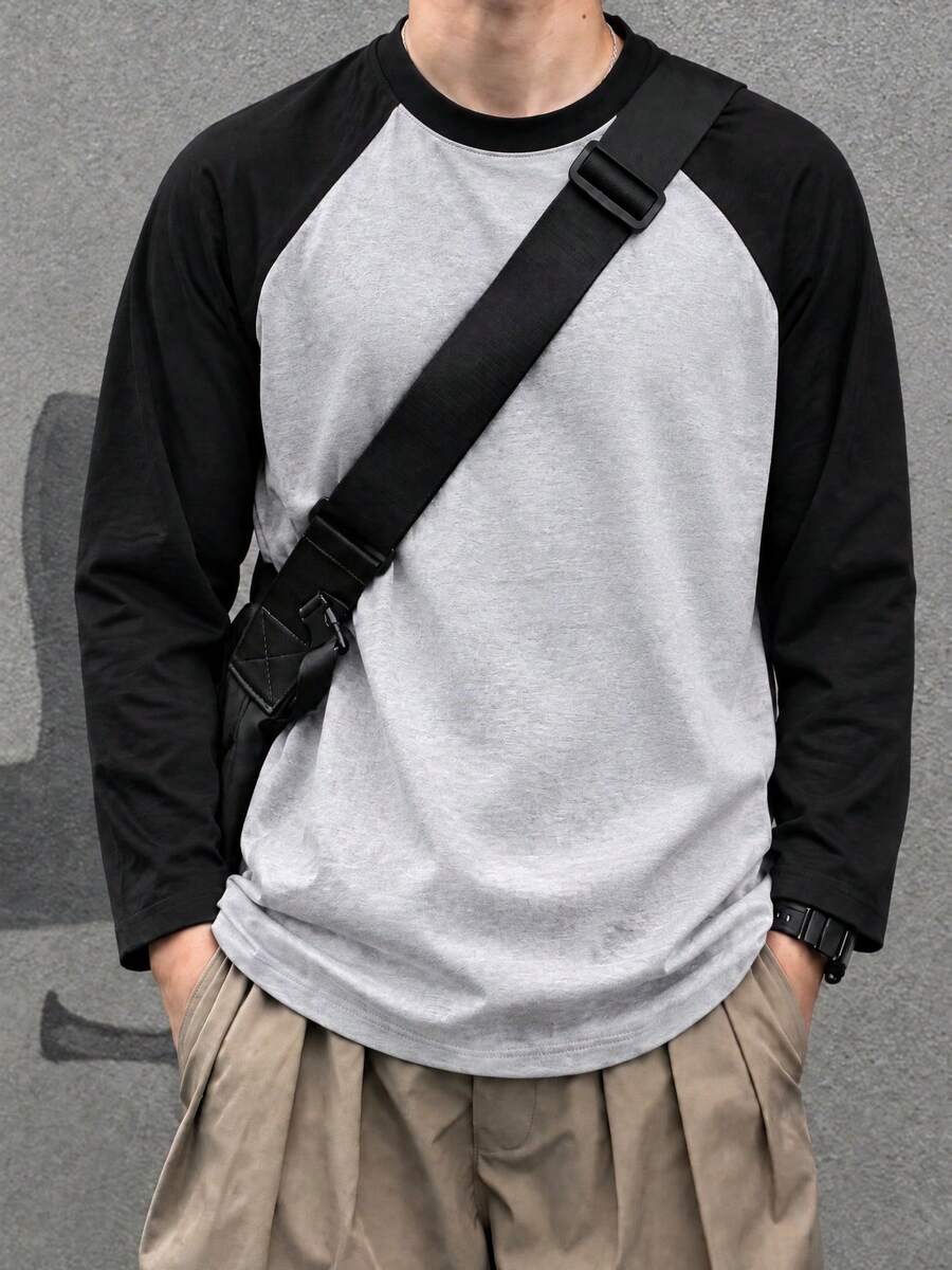 男士拼接修身版型落肩袖圓領長袖T恤 - 淺灰色 - 查看 1