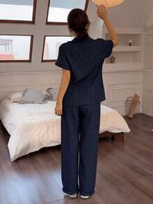 2pcs/Set Women's Pajamas Loungewear Set Blue Black Plaid Print Short Sleeve Lapel Lace Trim Top And Long Pants Spring Summer - Black - View 2