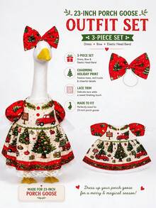1pc Christmas Porch Goose Outfit Set, Christmas Tree & Truck Print Dress With Bow Headband, Fits 23" Goose Statue, Holiday Outdoor Yard Porch Decor (Statue Not Included) - Multicolor - View 8