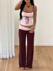 Atasan Cami Minimalis Kasual Seksi Gaya Y2K dengan Pita Warna Kontras dan Pinggang Lipat, Set 2 Potong untuk Wanita, Cocok untuk Pemakaian Sehari-hari, Bepergian, Kencan, Liburan, dan Pesta - Berwarna merah muda - View 6