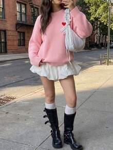 Women's Pink Knitted Long Sleeve Crew Neck Sweater, Heart Embroidery Design, Suitable For Autumn/Winter Wear, Cute, Comfortable And Slightly Stretchy - Pink - View 3