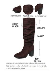 Women's Mid-Calf Boots, Chunky Heel, Pointed Toe, Fashionable, Suede, High Heel, Slouchy, Slimming - Brown - View 9
