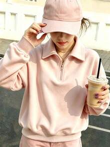 Big Girls' Pink Sweatshirt - Solid Color, Dropped Shoulder Long Sleeve, Zipper Design, Casual Loose Fit, Warm And Comfortable, Suitable For Autumn/Winter Wear - Pink - View 1