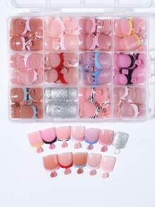 288pcs/Box (12 Mixed Styles) DIY Shiny Short Square Pointed Acrylic Press-On Toe Nails, Perfect Fit Design, Acrylic False Toenails With Storage Box, Suitable For Summer Manicure, Women And Girls Daily & Party DIY Nail Art Supplies - Multicolor - View 3