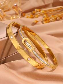 2pcsGolden Tone Stainless Steel Bangle, Simple & Clean - Gold - View 1