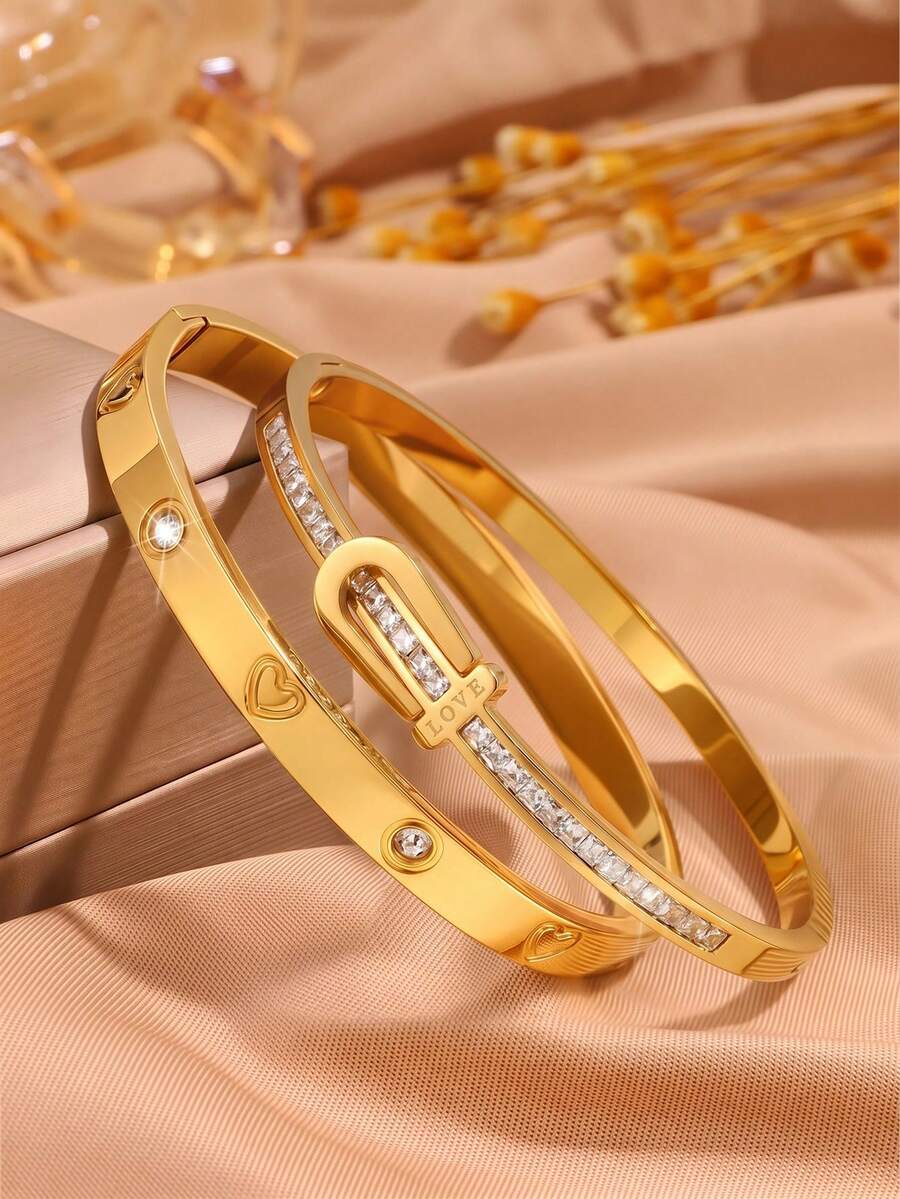 2pcsGolden Tone Stainless Steel Bangle, Simple & Clean - Gold - View 1