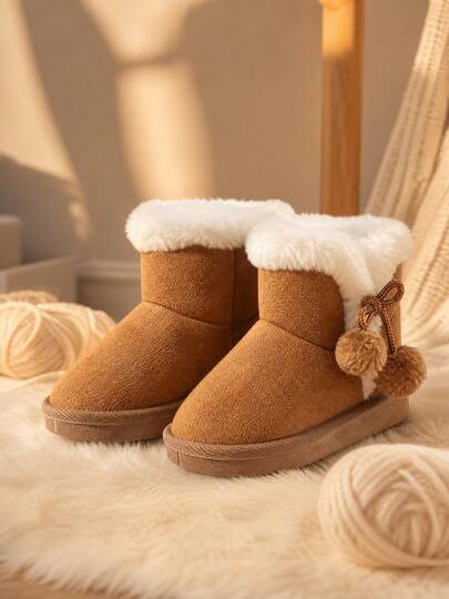 1 Pair 2026 New Girls' Snow Boots With Pom Pom And Bow Decor, Suede Fabric, Round Toe, Mid-Calf, Flat Sole, Sweet Style For Winter Christmas Outings