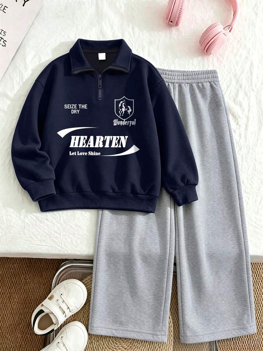 Teen GirlFashion Versatile College Style Half-Zip Letter Print Sweatshirt With Loose Wide Leg Pants, 2-Piece Set For Autumn/Winter Daily Wear - Navy Blue - View 1
