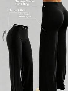 Plus Size Women's Solid Color Elastic Waist Flare Casual Long Pants - Black - View 3