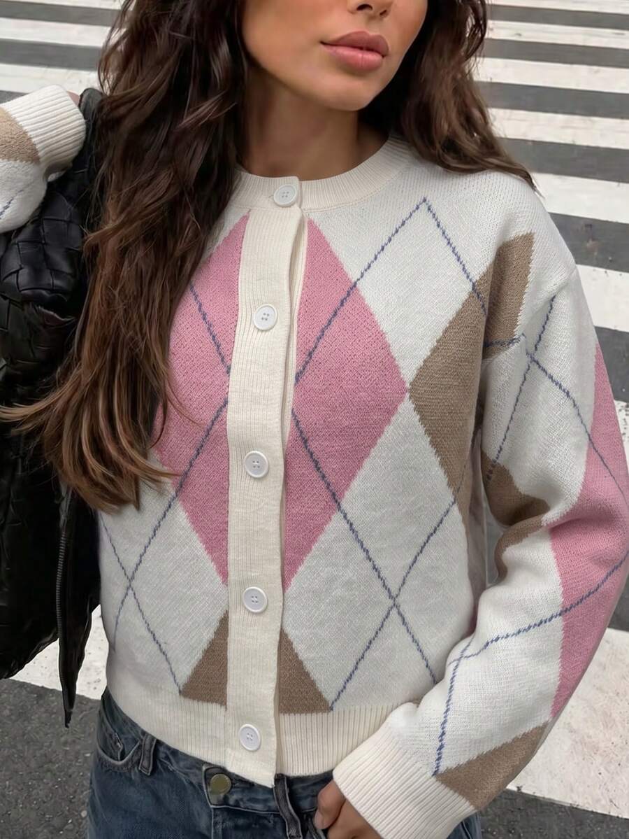 Cardigan Rajut Argyle Vintage Wanita, Lengan Panjang, Desain Detail Kancing, Sempurna untuk Dipakai di Musim Gugur/Musim Dingin. - MultiWarna - View 1