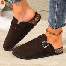 Women's Dark Brown Faux Suede Clogs Mules Fleece Lined Metal Buckle Cork Footbed Flat Slip-On Backless Winter Warm Slides - Brown - View 4