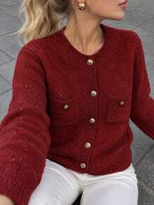 Spring Button Knit Cardigan, Short Design, Suitable For Petite Body, Fashionable Versatile Outerwear - Burgundy - View 1
