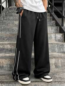 Men's Loose Thermal Lined Wide Leg Sweatpants, Casual Commuter Versatile Sports Long Pants, Autumn/Winter - Black - View 2
