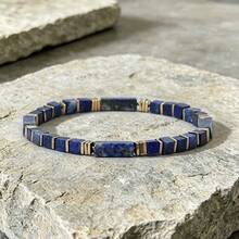 2pcs/Set Vintage Style Lapis Lazuli 5mm Square Bead Bracelet, Symbolizing Wisdom, Power And Spirituality, Handmade Natural Stone Elastic Cord Jewelry, Best Gift Choice For Friends - Multicolor - View 5
