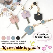 PU Leather Retractable Keychain With Key Cover, 40cm Pull Cord Key Pendant, Snap Button Protective Key Case, Anti-Scratch Key Protector With Lobster Clasp, Suitable For Daily Use - Leather Keychain Case - View 6