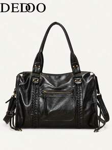 Dedoo Vintage Motorcycle Tote Bag, Soft Washed PU Leather, Woven Rivet Multi-Pocket, Large Capacity Storage, Distressed Punk Style, Suitable For Commuting And Travel For Women - Black - View 13