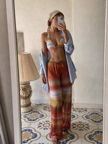 HOTTIE HABIT Women 3 Pieces Gradient Striped Halter Bikini Set With Sheer Wide Leg Cover Up Pants Beach Vacation Summer Pool Swimwear - Multicolor - View 1