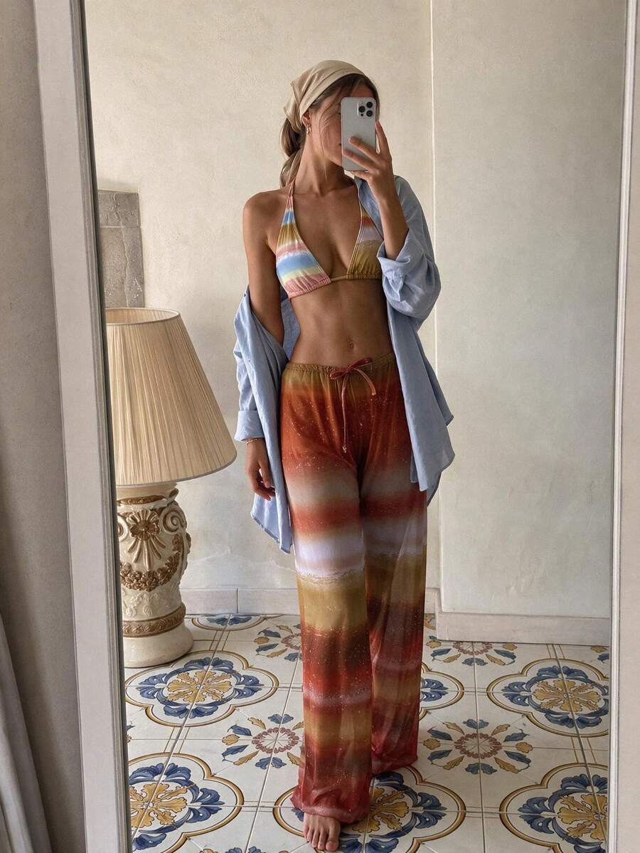 HOTTIE HABIT Women 3 Pieces Gradient Striped Halter Bikini Set With Sheer Wide Leg Cover Up Pants Beach Vacation Summer Pool Swimwear - Multicolor - View 1