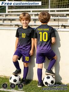 Children's Sports Jersey With Burn-Out Design, Customizable Name Soccer Uniform Set, No. 10 Star Player Style, Boys & Girls Short Sleeve & Shorts 2 Pieces Set - Black - View 6