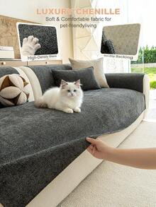 1PC Solid Chenille Sofa Cushion Cover, All Season Use, Non-Slip Backing, Scratch-Resistant Pet Friendly Couch Protector For 1/2/3/4 Seater & L-Shaped Sofa, Machine Washable Soft Sofa Mat For Home Decoration - Dark Grey - View 1