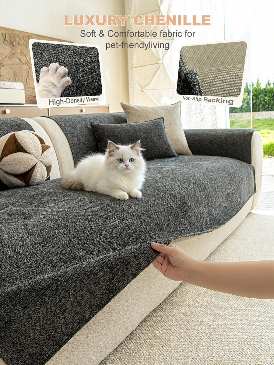 1PC Solid Chenille Sofa Cushion Cover, All Season Use, Non-Slip Backing, Scratch-Resistant Pet Friendly Couch Protector For 1/2/3/4 Seater & L-Shaped Sofa, Machine Washable Soft Sofa Mat For Home Decoration - Dark Grey - View 1