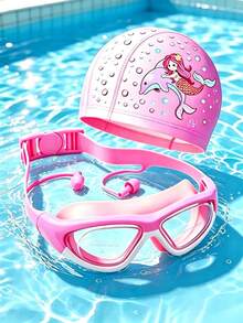 Children's Swimming Goggles & Swim Cap Set, High-Definition Anti-Fog Large Frame Goggles With Earplugs, Soft Waterproof Swim Cap, Snug Fit Without Tightness, For Kids Swimming Training & Water Play, Comfortable & Swimming Gear - Multicolor - View 5