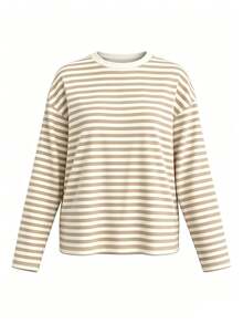Women's Striped Round Neck Long Sleeve Plus Size Knit T-Shirt, Regular Length Medium Stretch, Comfortable Autumn Basic Top - Khaki - View 8