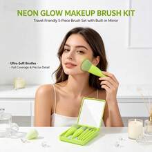 Makeup Brush Set, Mini Cute Professional Green Makeup Brush Set With Mirror And Travel Case, Foldable Makeup Brush Set With Mirror Travel Makeup Brush Set - Portable Travel Makeup Brush Set (5pcs) - Multicolor - View 7