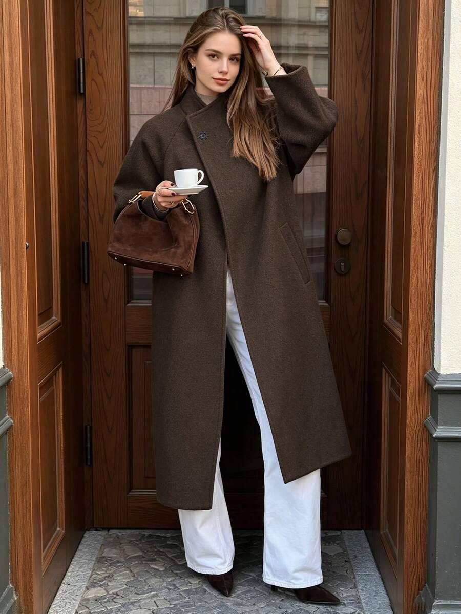 Long Wool Coat, Asymmetrical Button Design, Suitable For Autumn/Winter, Urban Fashion, Ideal For Commuting And Travel, Elegant Outerwear